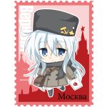  1girl black_hat black_scarf blue_eyes brown_coat chibi coat commentary_request cyrillic envelope hammer_and_sickle hat hibiki_(kantai_collection) hizuki_yayoi kantai_collection long_hair moscow russian scarf silhouette silver_hair solo stamp verniy_(kantai_collection) winter_clothes 