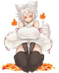  1girl animal_ears autumn_leaves bare_shoulders between_legs black_gloves black_legwear blush breasts closed_mouth detached_sleeves full_body gloves hand_between_legs huge_breasts inubashiri_momiji kneeling no_hat no_headwear pom_pom_(clothes) ribbon-trimmed_sleeves ribbon_trim sachito simple_background sitting smile solo tail thigh-highs touhou v_arms white_background wolf_ears wolf_tail 