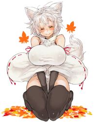  1girl animal_ears autumn_leaves bare_shoulders between_legs black_gloves black_legwear blush breasts closed_mouth detached_sleeves full_body gloves hand_between_legs huge_breasts inubashiri_momiji kneeling no_hat no_headwear pom_pom_(clothes) ribbon-trimmed_sleeves ribbon_trim sachito simple_background sitting smile solo tail thigh-highs touhou v_arms white_background wolf_ears wolf_tail 