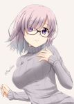  1girl breasts eyebrows_visible_through_hair fate/grand_order fate_(series) fuuma_nagi glasses grey_background grey_sweater mash_kyrielight medium_breasts signature smile solo sweater twitter_username 