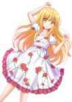  1girl :o arm_up bangs blonde_hair blush collarbone commentary commission dress eyebrows_visible_through_hair fingernails floral_print frilled_sleeves frills hair_between_eyes hand_up highres kazenokaze long_hair looking_at_viewer lying on_back original parted_lips print_dress puffy_short_sleeves puffy_sleeves rose_print short_sleeves sidelocks solo very_long_hair white_dress yellow_eyes 
