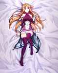  1girl asuna_(sao) bed_sheet breasts brown_eyes brown_hair collarbone dakimakura detached_sleeves dress erect_nipples from_above full_body highres long_hair looking_at_viewer lying medium_breasts on_back panties purple_dress purple_legwear short_dress sleeveless sleeveless_dress solo sword_art_online thigh-highs underwear very_long_hair white_panties 