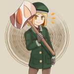  1girl axe blonde_hair cowboy_shot eyebrows_visible_through_hair fate/grand_order fate_(series) gloves gradient_ray hat jacket looking_at_viewer pantyhose paul_bunyan_(fate/grand_order) short_hair smile solo weapon yellow_eyes 