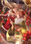  2girls alternate_costume bare_shoulders blonde_hair breasts christmas christmas_tree cleavage detached_sleeves floral_print flower fur_collar gap hair_flower hair_ornament hair_ribbon hand_holding japanese_clothes jyuui kimono lantern large_breasts long_hair looking_at_another medium_breasts merry_christmas multiple_girls obi pink_eyes pink_hair ribbon saigyouji_yuyuko sash short_hair smile touhou triangular_headpiece veil violet_eyes yakumo_yukari yuri 