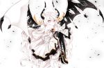  1girl armor arrows bare_shoulders blush boots demon_girl demon_wings detached_sleeves dress elsword eve_(elsword) expressionless feathers fetal_position gp_(pixiv_id_6603446) horns leg_hug long_hair pale_skin solo white_background white_hair white_skin wings yellow_eyes 