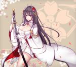  azur_lane bangs black_hair breasts cleavage cleavage_cutout closed_mouth cowboy_shot dress eyebrows_visible_through_hair flower gloves hair_flower hair_ornament hand_up hiei_(azur_lane) highres holding holding_sword holding_weapon horns japanese_clothes katana large_breasts light_smile long_hair long_sleeves looking_at_viewer red_rose rose sheath short_dress standing sword tetsu_(excalibur920) unsheathed unsheathing very_long_hair weapon white_gloves wide_sleeves yellow_eyes 