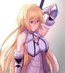  1girl armor armored_dress blonde_hair blue_eyes breasts chains cleavage detached_sleeves dress eyebrows_visible_through_hair fate/apocrypha fate_(series) gradient gradient_background grey_background hair_between_eyes highres holding jeanne_d&#039;arc_(fate) jeanne_d&#039;arc_(fate)_(all) large_breasts long_hair nyorotono sideboob sleeveless sleeveless_dress solo upper_body very_long_hair 