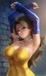  1girl arm_warmers armpits arms_up artist_name blue_eyes blurry blurry_background breasts brick_wall brown_hair cleavage closed_mouth collarbone commentary_request dated diana_(dq11) dragon_quest dragon_quest_xi dress highres impossible_clothes impossible_dress large_breasts long_hair looking_at_viewer sgk signature smile solo strapless strapless_dress sweat sweating sweating_profusely upper_body wavy_hair wet yellow_dress 