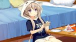  1girl animal_hood ao_no_kanata_no_four_rhythm ao_no_kanata_no_four_rhythm_-es- arisaka_mashiro bangs bed black_shirt blush brown_hair cake cat_hood cellphone collarbone eyebrows_visible_through_hair female food game_cg hair_between_eyes holding holding_phone hood indoors leaning_back long_hair official_art parted_lips phone shirt shorts sitting smartphone suzumori thighs tied_hair twintails violet_eyes white_shorts 