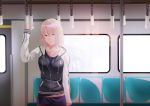  1girl arm_up blonde_hair blue_eyes breasts collarbone commentary_request empty_eyes expressionless ground_vehicle highres jacket letterman_jacket long_sleeves medium_breasts original short_hair solo standing tawagoto_dukai_no_deshi train train_interior upper_body 