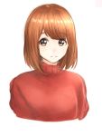  1girl bangs blunt_bangs bob_cut brown_eyes brown_hair cropped_torso eyebrows_visible_through_hair looking_at_viewer original parted_lips red_sweater short_hair simple_background smile solo transparent_background upper_body white_background 