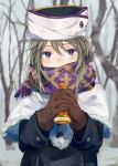  1girl bare_tree blue_eyes blush brown_gloves capelet coat covered_mouth enpera forest fur_trim gloves hair_between_eyes hat highres holding interlocked_fingers long_hair long_sleeves looking_at_viewer nature orange_juice original outdoors own_hands_together purple_scarf roll_okashi scarf scarf_over_mouth silver_hair snow solo standing tree upper_body 