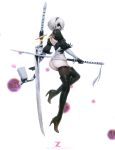  1girl absurdres artist_name ass back_cutout black_legwear blindfold bob_cut boots closed_mouth facing_viewer feather-trimmed_sleeves floating_weapon from_side full_body gloves hair_over_one_eye high_heel_boots high_heels highres katana leotard nier_(series) nier_automata ootachi paid_reward patreon_reward paul_kwon pod_(nier_automata) shiny shiny_skin short_hair shoulder_blades silver_hair simple_background solo sword thigh-highs thigh_boots weapon white_background yorha_no._2_type_b 