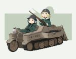  2girls absurdres black_hair blonde_hair blue_eyes chito_(shoujo_shuumatsu_ryokou) driving fur_trim gloves gun helmet highres holding holding_gun holding_weapon kettenkrad lkqyan long_hair low_twintails military military_uniform military_vehicle multiple_girls rifle shoujo_shuumatsu_ryokou simple_background smile stahlhelm twintails uniform vehicle weapon yuuri_(shoujo_shuumatsu_ryokou) 