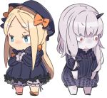  2girls abigail_williams_(fate/grand_order) black_bow black_dress black_hat blonde_hair blue_eyes bow chibi commentary_request dress fate/grand_order fate_(series) hair_bow hands_in_sleeves hat horn lavinia_whateley_(fate/grand_order) long_hair long_sleeves multiple_girls open_mouth orange_bow pekeko_(pepekekeko) red_eyes short_sleeves single_tear sleeves_past_wrists very_long_hair white_background white_hair white_skin 
