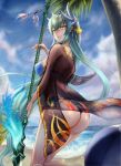  1girl aqua_hair ass beach bikini blue_bikini blush bow breasts closed_mouth cowboy_shot fate/grand_order fate_(series) green_eyes hair_between_eyes hair_bow hayataku1234 highres holding holding_weapon horns kiyohime_(fate/grand_order) kiyohime_(swimsuit_lancer)_(fate) long_hair looking_at_viewer medium_breasts polearm see-through smile solo spear swimsuit weapon 