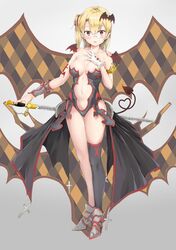  1girl absurdres armor bare_shoulders bat_hair_ornament black_legwear blonde_hair blush breasts brown_eyes character_request cleavage collarbone copyright_request eyebrows_visible_through_hair full_body gloves hair_ornament hair_ribbon heart highres holding holding_sword holding_weapon large_breasts medium_hair nail_polish navel parted_lips pointy_ears red_nails red_ribbon ribbon side_ponytail solo sword thigh-highs vampire weapon white_gloves yi_zhi_bai_bo 