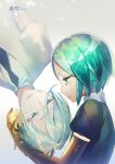  amputee androgynous antarcticite black_shirt blue_eyes green_eyes green_hair highres houseki_no_kuni parted_lips phosphophyllite profile revision sad shirako_sei shirt short_sleeves sidelocks silver_hair tears white_shirt 