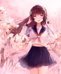  1girl arms_up bangs blurry blush cherry_blossoms depth_of_field floating_hair headphones highres long_hair long_sleeves looking_at_viewer open_mouth original outdoors pleated_skirt school_uniform serafuku skirt solo standing tlla tree violet_eyes 