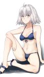  1girl abs ahoge arm_support bikini blue_bikini blush breasts cleavage earrings eyebrows_visible_through_hair fate/grand_order fate_(series) front-tie_top grey_hair groin groin_tendon hair_between_eyes high_heels highres jeanne_d&#039;arc_(alter)_(fate) jeanne_d&#039;arc_(fate)_(all) jewelry komodai medium_breasts navel shadow short_hair solo sweatdrop swimsuit twitter_username white_background yellow_eyes 