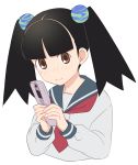  1girl bangs black_hair blue_sailor_collar blunt_bangs blush brown_eyes cellphone closed_mouth cropped_torso embarrassed flip_phone highres holding holding_phone long_sleeves looking_at_viewer neckerchief necktie otonashi_meru phone red_neckwear sailor_collar sayonara_zetsubou_sensei school_uniform sekina serafuku shirt simple_background solo twintails upper_body white_background white_shirt 