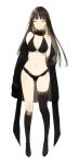  1girl :o arms_behind_back bangs bare_shoulders belly black_bra black_coat black_collar black_hair black_panties bra coat collar facing_viewer hair_ornament kneehighs legs long_hair long_image long_legs lpip midriff navel open_mouth original pale_skin panties simple_background solo standing tall_image thigh-highs thighs underwear undressing white_background yellow_eyes 