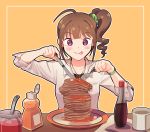  1girl ahoge blush breasts brown_hair closed_mouth coffee coffee_mug collarbone drill_hair eyebrows_visible_through_hair food fork holding holding_fork holding_knife idolmaster idolmaster_million_live! jewelry kamille_(vcx68) knife looking_away medium_breasts necklace pancake plate short_hair side_ponytail sitting smile solo syrup table tongue tongue_out violet_eyes yokoyama_nao 
