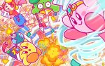 audience backwards_hat baseball_cap bomb bow bowtie commentary_request copy_ability explosion fireworks hat headphones jitome kirby kirby:battle_royale kirby_(series) notepad official_art polearm red_neckwear sign spear stadium tornado umbrella waddle_dee weapon 