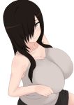  1girl bare_shoulders black_hair breast_squeeze breasts brown_eyes cleavage hair_over_one_eye highres huge_breasts long_hair looking_at_viewer nao_(ritsancrossover) original shorts smile solo 