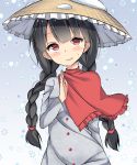 1girl amashi_(qcmrq906) black_hair braid hat looking_at_viewer praying red_eyes snow snowflakes solo touhou twin_braids yatadera_narumi 