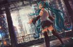  1girl akamidoriao_(rgb) aqua_eyes aqua_hair boots city detached_sleeves dutch_angle from_behind hatsune_miku headphones long_hair necktie open_mouth outstretched_arms skirt snowing solo spread_arms thigh-highs thigh_boots twintails very_long_hair vocaloid 