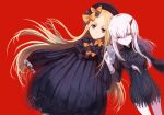  2girls abigail_williams_(fate/grand_order) albino bangs black_bow black_dress black_hat blonde_hair blue_eyes bow butterfly closed_eyes closed_mouth commentary_request dress facing_viewer fate/grand_order fate_(series) hair_bow hands_in_sleeves hat highres horn kinona lavinia_whateley_(fate/grand_order) long_hair long_sleeves looking_at_viewer low-tied_long_hair multiple_girls orange_bow parted_bangs parted_lips polka_dot polka_dot_bow red_background simple_background very_long_hair white_hair white_skin 