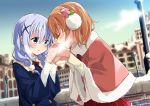  2girls :o alternate_hairstyle bangs blue_jacket blue_sky blurry blush bow braid breath bridge building casual closed_eyes coat commentary_request day depth_of_field earmuffs eyebrows_visible_through_hair facing_another flat_chest flower frilled_skirt frills fur-trimmed_capelet gochuumon_wa_usagi_desu_ka? hair_between_eyes hair_flower hair_ornament hair_scrunchie hairclip hand_holding highres hoto_cocoa jacket kafuu_chino lamppost light_blue_hair long_hair long_sleeves looking_at_another mousou_(mousou_temporary) multiple_girls open_mouth orange_hair outdoors pink_capelet pink_flower red_bow red_skirt scrunchie shirt short_hair sidelocks skirt sky twin_braids upper_body white_scrunchie white_shirt x_hair_ornament yellow_shirt 