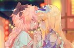  2boys androgynous astolfo_(fate) bangs bare_shoulders black_bow blonde_hair blue_dress blue_eyes blurry blurry_background blush bow braid closed_eyes closed_mouth depth_of_field dress eyebrows_visible_through_hair facing_away fate/grand_order fate_(series) frilled_hairband from_side hair_between_eyes hair_bow interlocked_fingers kibadori_rue le_chevalier_d&#039;eon_(fate/grand_order) light_smile long_hair looking_at_another multiple_boys neon_lights night outdoors pink_hair profile red_sailor_collar sailor_collar school_uniform serafuku shirt single_braid smile white_shirt wristband 