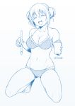  1girl :d bare_arms bare_legs bare_shoulders barefoot blend_s blue bra breasts cleavage closed_eyes double_bun eyebrows_visible_through_hair facing_viewer food hair_between_eyes hinata_kaho holding ice_cream ice_cream_spoon kneeling kouda_tomohiro large_breasts legs_apart monochrome navel open_mouth panties simple_background smile solo toenails twitter_username underwear underwear_only white_background 