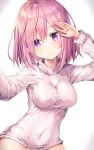  1girl absurdres aran_sweater arm_up bangs blurry blush closed_mouth covered_navel depth_of_field eyebrows_visible_through_hair fate/grand_order fate_(series) hair_between_eyes highres light_smile long_sleeves looking_at_viewer mash_kyrielight pink_hair rin_yuu self_shot shiny shiny_hair sidelocks smile solo sweater turtleneck turtleneck_sweater upper_body violet_eyes white_sweater 