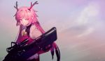  1girl anti-materiel_rifle antlers bangs bell closed_mouth expressionless fur_trim girls_frontline gun hair_intakes highres holding holding_gun holding_weapon jingle_bell long_hair looking_to_the_side ntw-20 ntw-20_(girls_frontline) outdoors pink_eyes pink_hair rifle scope sidelocks sniper_rifle sobi_(dnenqkswja) solo very_long_hair weapon 