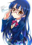  1girl adjusting_eyewear artist_request bangs birthday blazer blue_hair bow bowtie character_name commentary_request dated glasses hair_between_eyes highres jacket long_hair looking_at_viewer love_live! love_live!_school_idol_project otonokizaka_school_uniform pleated_skirt red-framed_eyewear red_neckwear school_uniform shirt simple_background skirt smile solo sonoda_umi striped_neckwear under-rim_eyewear vest white_background white_shirt yellow_eyes 