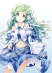  1girl breast detached_sleeves frills frog green_eyes green_hair hair_accessories ikamagu kochiya_sanae midriff navel skirt smile snake touhou 