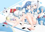  2girls ? absurdres all_fours barefoot bili_girl_22 bili_girl_33 bilibili_douga blue_hair blue_neckwear blue_skirt blush breasts closed_mouth eyebrows_visible_through_hair gift hair_ornament highres long_hair looking_at_viewer marill medium_breasts multiple_girls parted_lips pokemon pokemon_(creature) red_eyes short_hair short_ponytail side_ponytail silver_hair sitting skirt sleeveless smile uniform yi_zhi_bai_bo 