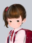  1girl backpack bag bangs brown_eyes brown_hair child closed_mouth collarbone commentary earrings grey_background hair_bobbles hair_ornament hideousbeing jewelry looking_at_viewer neck_ribbon original randoseru red_ribbon ribbon school_uniform shirt side_ponytail simple_background smile solo stud_earrings white_shirt 