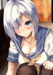  1girl black_legwear blue_eyes blurry breasts cleavage depth_of_field eyebrows_visible_through_hair eyes_visible_through_hair hair_ornament hair_over_one_eye hairclip hamakaze_(kantai_collection) highres kantai_collection konkito large_breasts looking_at_viewer neckerchief pantyhose parted_lips sailor_collar sailor_shirt shirt silver_hair solo squatting triangle_mouth 
