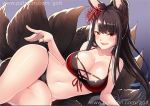  1girl akagi_(azur_lane) animal_ears azur_lane bikini black_bikini black_hair breasts cleavage fang flower fox_ears fox_tail go-it hair_flower hair_ornament large_breasts long_hair looking_at_viewer lying multicolored multicolored_bikini multicolored_clothes multiple_tails navel open_mouth patreon_username red_bikini red_eyes signature smile solo swimsuit tail watermark web_address 