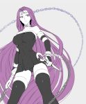  1girl bare_shoulders chains collar collarbone contrapposto cowboy_shot detached_sleeves facial_mark fate/stay_night fate_(series) forehead_mark gluteal_fold highres impossible_clothes long_hair looking_at_viewer purple_hair rider solo thigh-highs upskirt very_long_hair ycco_(estrella) 