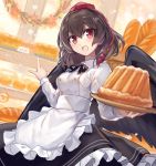  1girl :d alternate_costume apron baguette bakery bird_wings black_ribbon black_skirt black_wings bread brown_hair buttons chef_uniform collared_shirt commentary_request eyebrows_visible_through_hair feathered_wings food frilled_apron frilled_skirt frills fuupu hair_between_eyes hat highres long_sleeves neck_ribbon open_mouth plate pointing red_eyes red_hat ribbon shameimaru_aya shirt shop short_hair skirt smile solo tassel tokin_hat touhou upper_body waist_apron white_apron white_shirt wings 