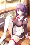  1girl arm_support breasts indoors knee_up large_breasts looking_at_viewer maid mouth_hold purple_hair red_ribbon ribbon ro_risu short_hair sitting solo thigh-highs violet_eyes white_legwear window wooden_floor 