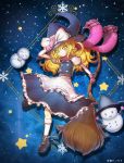  1girl black_hat blonde_hair blush bow broom closed_mouth eyebrows_visible_through_hair full_body gloves hat hat_bow hidden_star_in_four_seasons holding holding_broom kirisame_marisa long_hair looking_at_viewer pink_gloves pink_scarf puffy_short_sleeves puffy_sleeves scarf short_sleeves smile snowman socks solo tansan_daisuki touhou white_bow white_legwear witch_hat yellow_eyes 