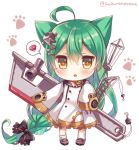  1girl absurdly_long_hair ahoge akashi_(azur_lane) animal_ears azur_lane bangs bell black_bow black_footwear bow cat_ears chestnut_mouth chibi commentary_request crane dress eyebrows_visible_through_hair full_body green_hair hair_between_eyes hair_bow hair_ornament hands_in_sleeves holding jingle_bell kneehighs kneehighs_pull long_hair long_sleeves looking_at_viewer machinery parted_lips paw_background pigeon-toed red_bow ruby_(stone) sailor_dress shoes sidelocks simple_background solo spoken_object standing suzune_rena twitter_username very_long_hair white_background white_dress white_legwear wide_sleeves yellow_eyes 