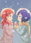  2girls :o aayh bangs blue_coat blue_hair blush brown_coat brown_gloves brown_scarf coat commentary_request eyebrows_visible_through_hair fang from_side gift giving gloves gochuumon_wa_usagi_desu_ka? hair_between_eyes hair_bobbles hair_ornament heart-shaped_box highres holding holding_gift jouga_maya long_hair multiple_girls natsu_megumi nose_blush parted_lips pocket pom_pom_(clothes) profile redhead scarf signature surprised twintails valentine yellow_eyes yellow_gloves yellow_scarf yuri 