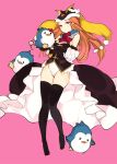  1girl bare_shoulders bird black_dress black_legwear brown_hair dress elbow_gloves full_body gloves hat knees_together_feet_apart leotard long_hair looking_at_viewer lpip mawaru_penguindrum neckerchief no_shoes open_clothes open_dress penguin penguin_1-gou penguin_2-gou penguin_3-gou pink_background princess_of_the_crystal red_neckwear simple_background thigh-highs violet_eyes white_leotard 